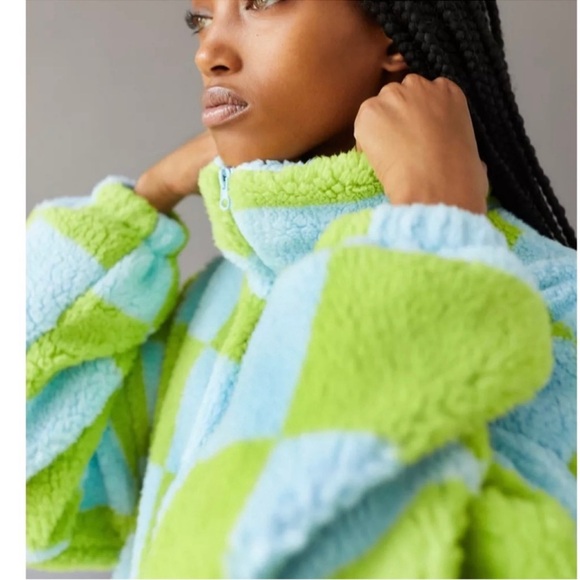 Urban Outfitters Checkered Jacket Size Small Turquoise and Green Colorful Funky - Picture 2 of 14